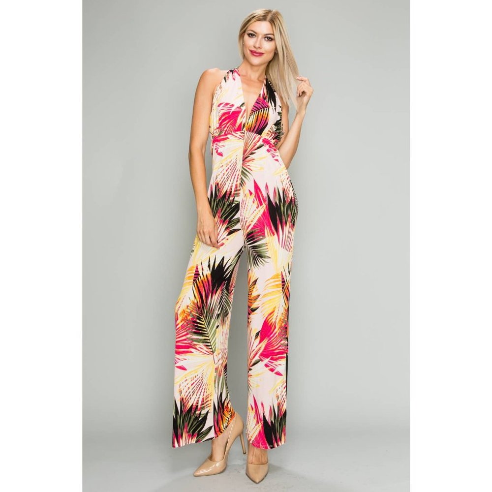 Tropical Palms Multicolor Halter Jumpsuit Romper - Picture 1 of 4